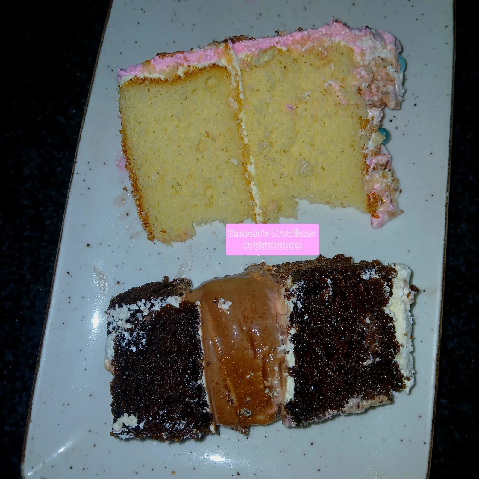 Vanilla and chocolate cake slices